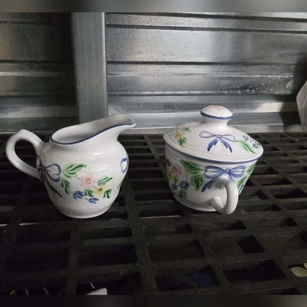 Herend Village Pottery Blue Bows Floral Creamer & Sugar Bowl Set Vintage
